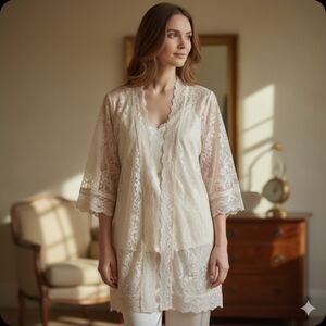 ✨ In Bloom by Jonquil Cream Lace Bridal Robe | XL | Scalloped Eyelash Trim